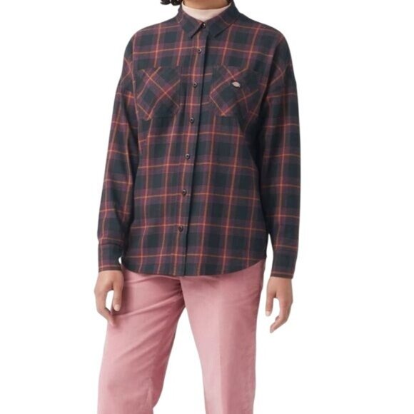 Dickies Womens Bakerhill Oversized Black Plaid Button-Up Shirt Long Sleeve Small - Picture 1 of 15
